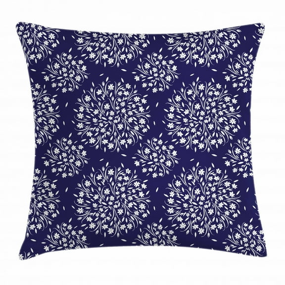 Navy and White Throw Pillow Cushion Cover, Scroll Pattern with Little Rural Wildflowers and Buds Feminine Corsage, Decorative Square Accent Pillow Case, 20 X 20 Inches, Indigo White, by Ambesonne