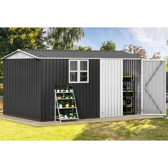 UNBRAND 12' x 8' Outdoor Storage Shed, Waterproof Metal Garden Shed with Windows, Lockable Doors, and Sloped Roof for Patio, Backyard, Lawn, Tool Storage, Bike Shed, Pet Shelter (Gray   White)