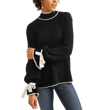 Women's Contrast Stitch Sweater with Tie-Sleeve Detail