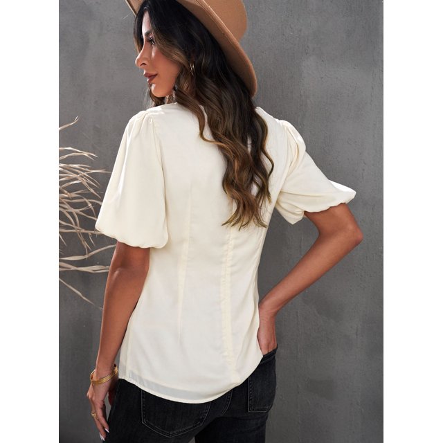 ABPHQTO Blusa de satén con cuello en V y manga farol para mujer