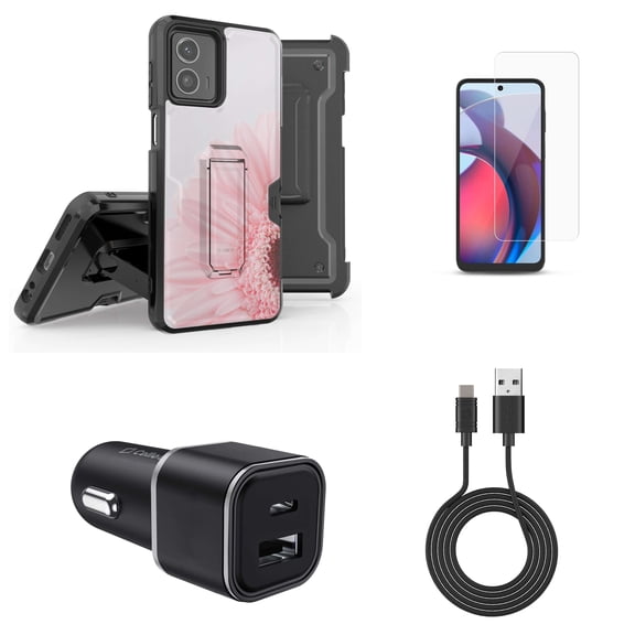 Accessories for Motorola Moto G Stylus 5G 2023 - Belt Holster Kickstand Rugged Case (Pink Sunflower), Screen Protectors, 30W Dual (USB-C, USB-A) Car Charger, Type-C to USB Cable