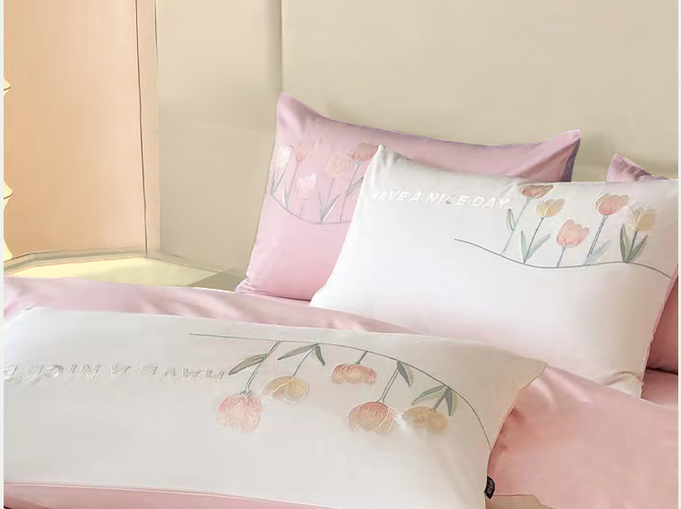 100% Cotton Duvet Cover Set 3Pcs Queen Exquisite Embroidery Pink Comforter Cover 2 Pillowcases Soft Breathable