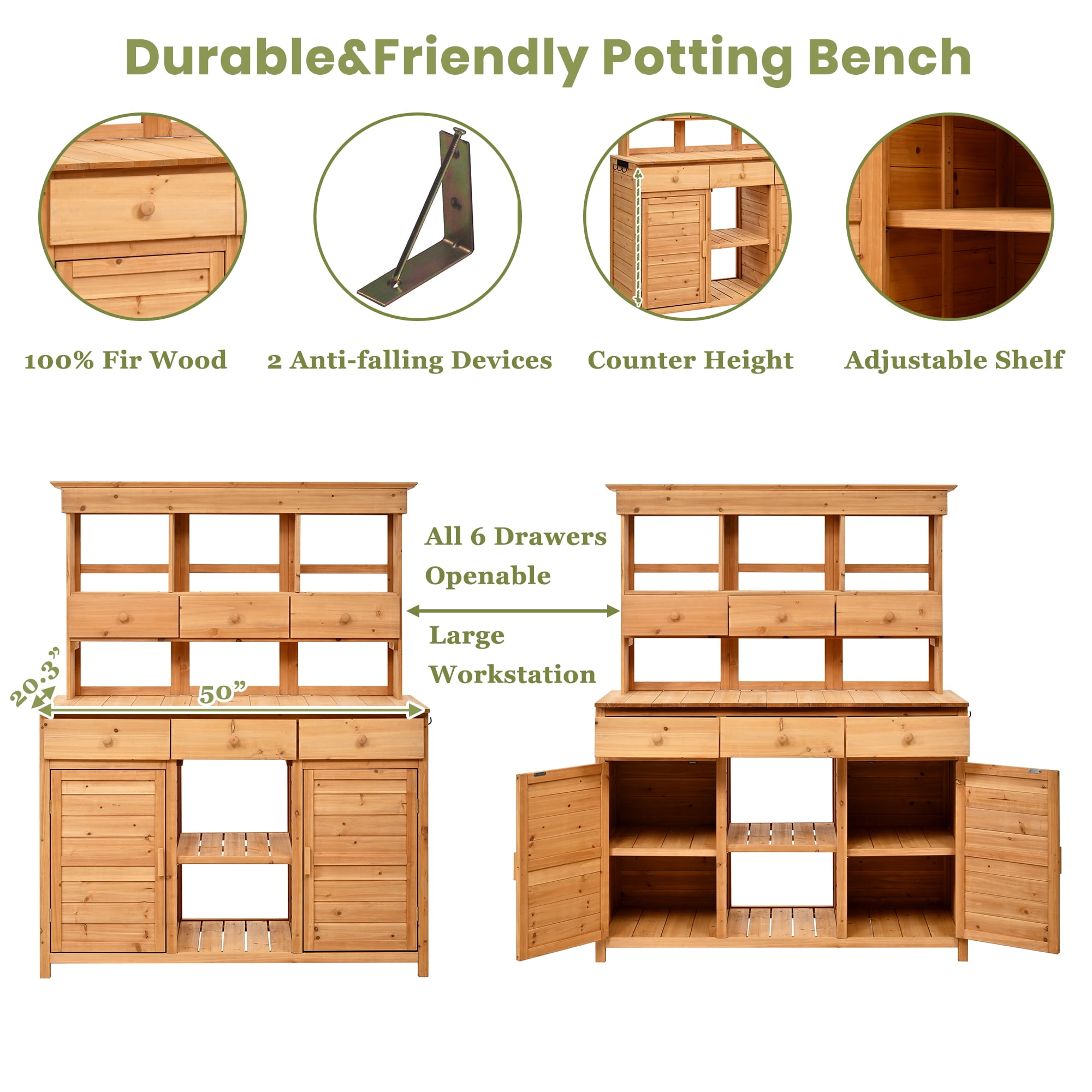 Mintazer 65.7" Outdoor Potting Bench, Garden Workstation with 6 Drawers, Cabinets & Adjustable Shelves, Natural