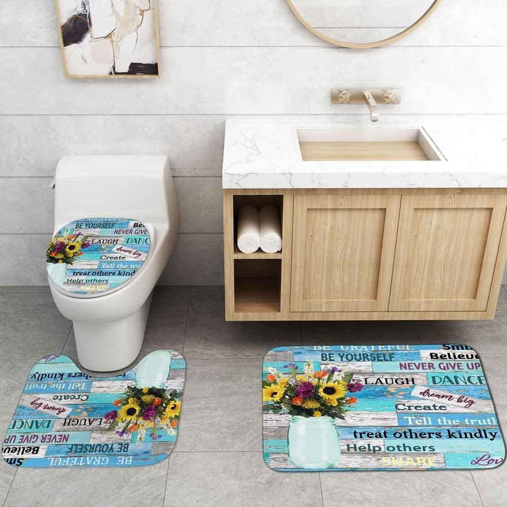 4PCS Farmhouse Shower Curtain Set, Bless This Home Cotton Flower Teal Pitcher Vase Moroccan Country Rustic Bathroom Decor, Waterproof Fabric White Shower Curtain, Non-Slip Bath Mat Toilet Rug