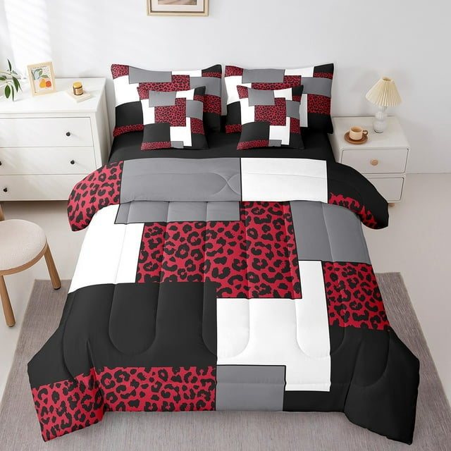 YST Ensemble de Douillette Très Grand 7 Pcs Style Mi-Siècle Tout-en-un pour Enfants Garçons Filles, Ensembles de Literie à Rayures, Ensembles de Lit Réversibles Minimalistes Rouge Noir Léopard avec Ensemble de Draps Déco de Chambre