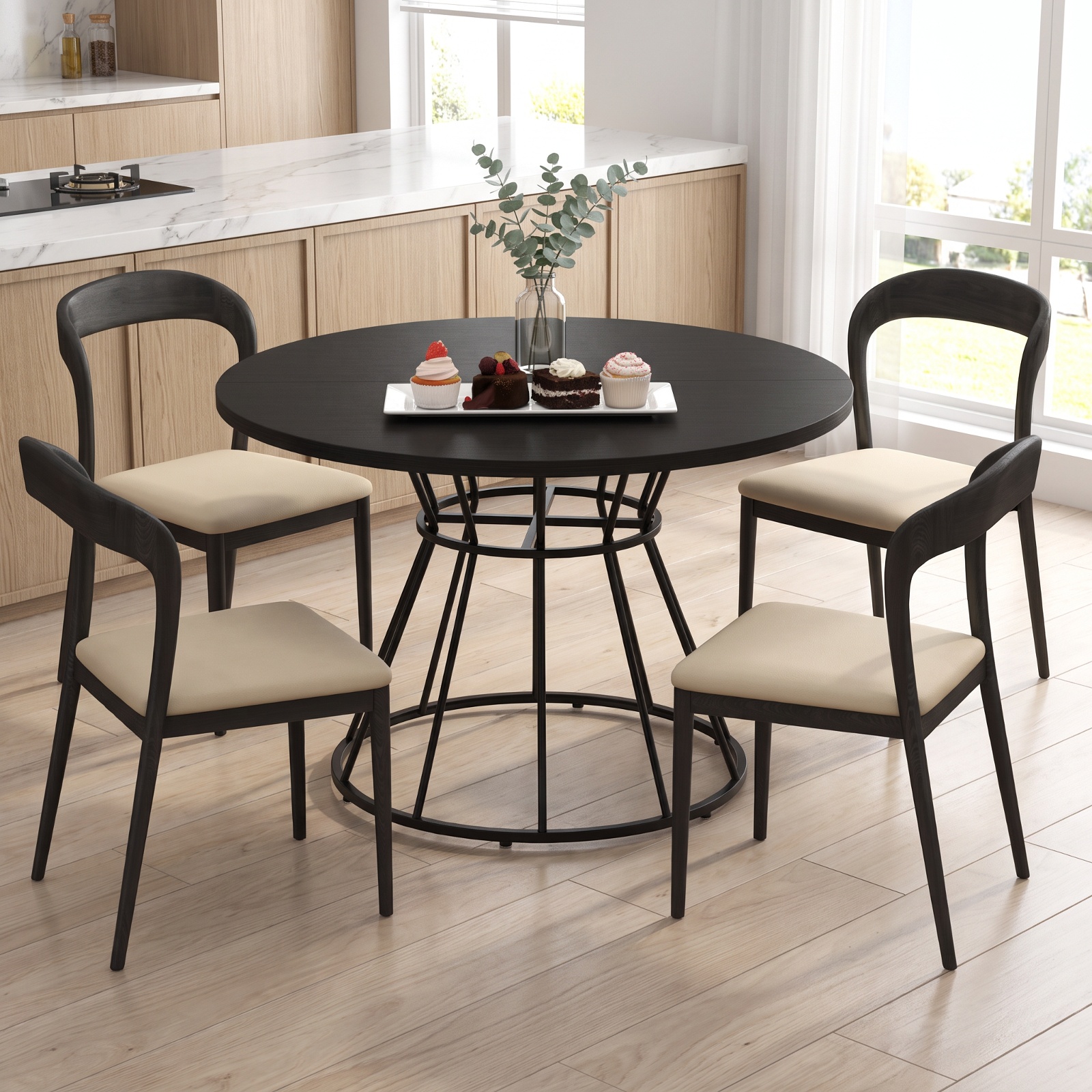 Furnibear 47 Inch Round Farmhouse Dining Table for 4 with Wooden MDF Tabletop