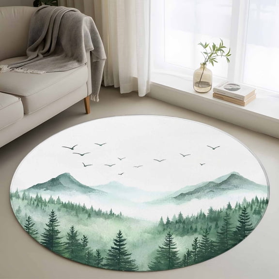 Green Foggy Forest Round Rug 3ft Washable Circle Entryway Rugs Non Slip Mist Mountain Trees Nature Scenery Area Rug Indoor Floor Carpet for Bedroom Kitchen Living Room Home Office Dining Room Nursery