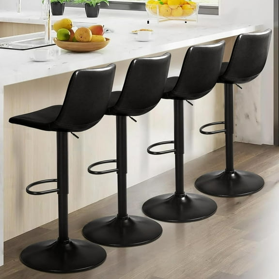 Bar Stools Set of 4 Modern Swivel Bar Chairs, Barstools Counter Height with Backrest, Adjustable Faux Leather Upholstered Bar Stool for Kitchen Island (Black)