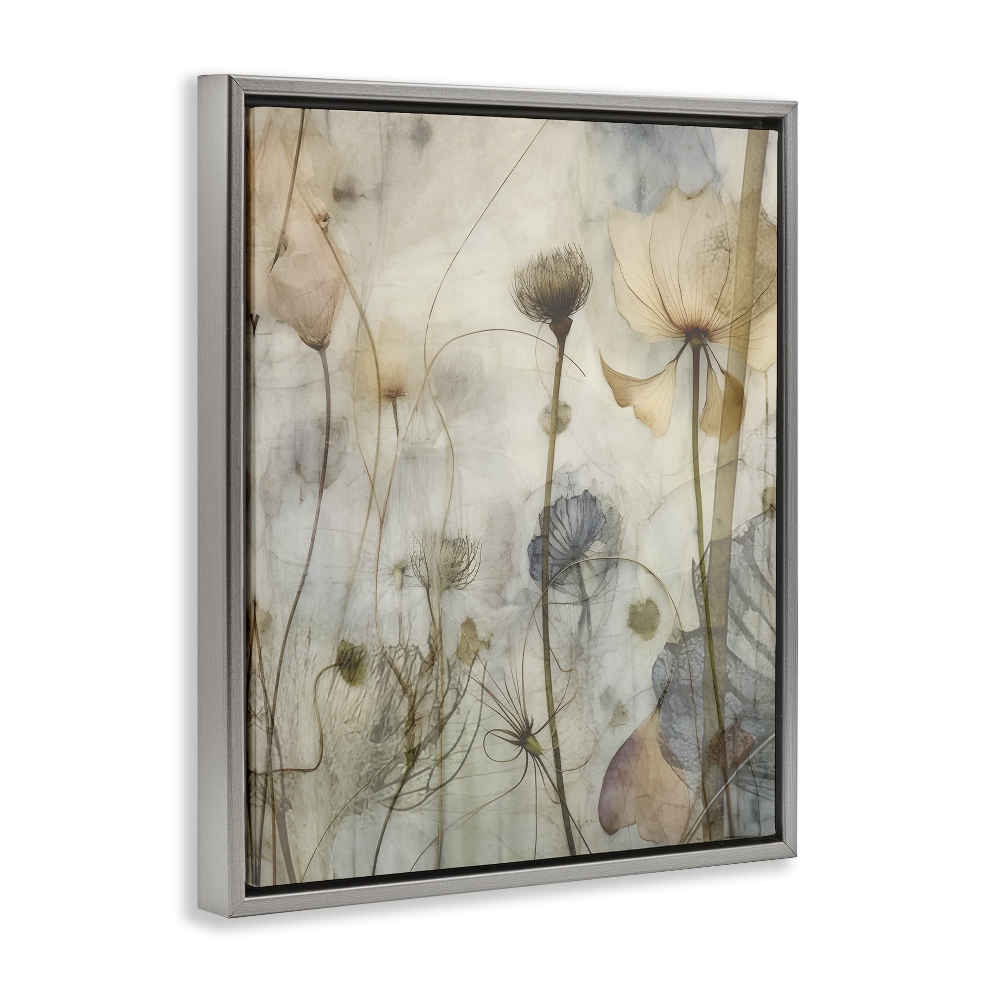 Stupell Industries Subtle Botanicals Pattern Plants & Flowers Painting Gray Floater Framed Canvas Art Print Wall Art, 17 x 21