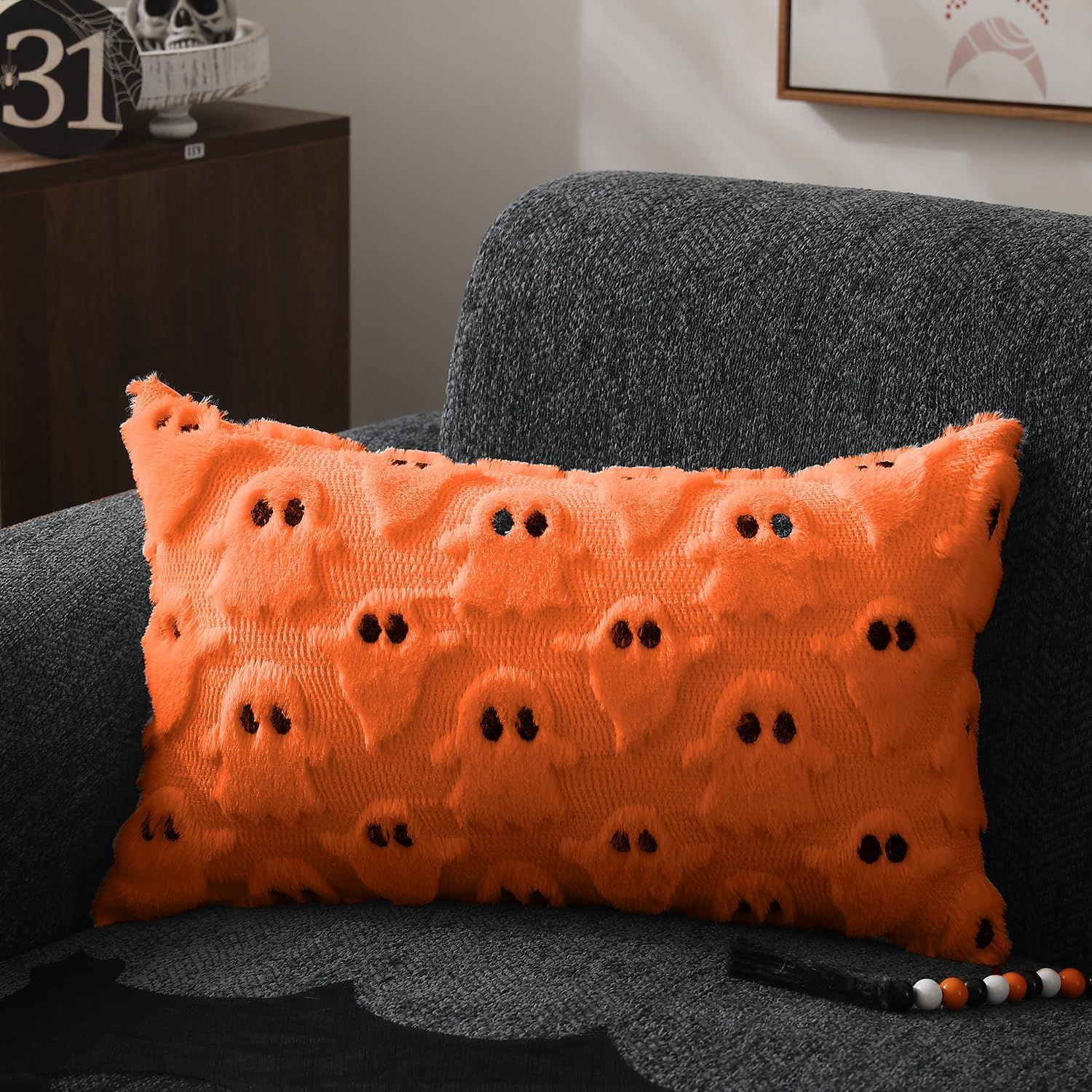 Set of 2 White Ghost Pillow Covers 12x20 Inch Happy Halloween Throw Pillow