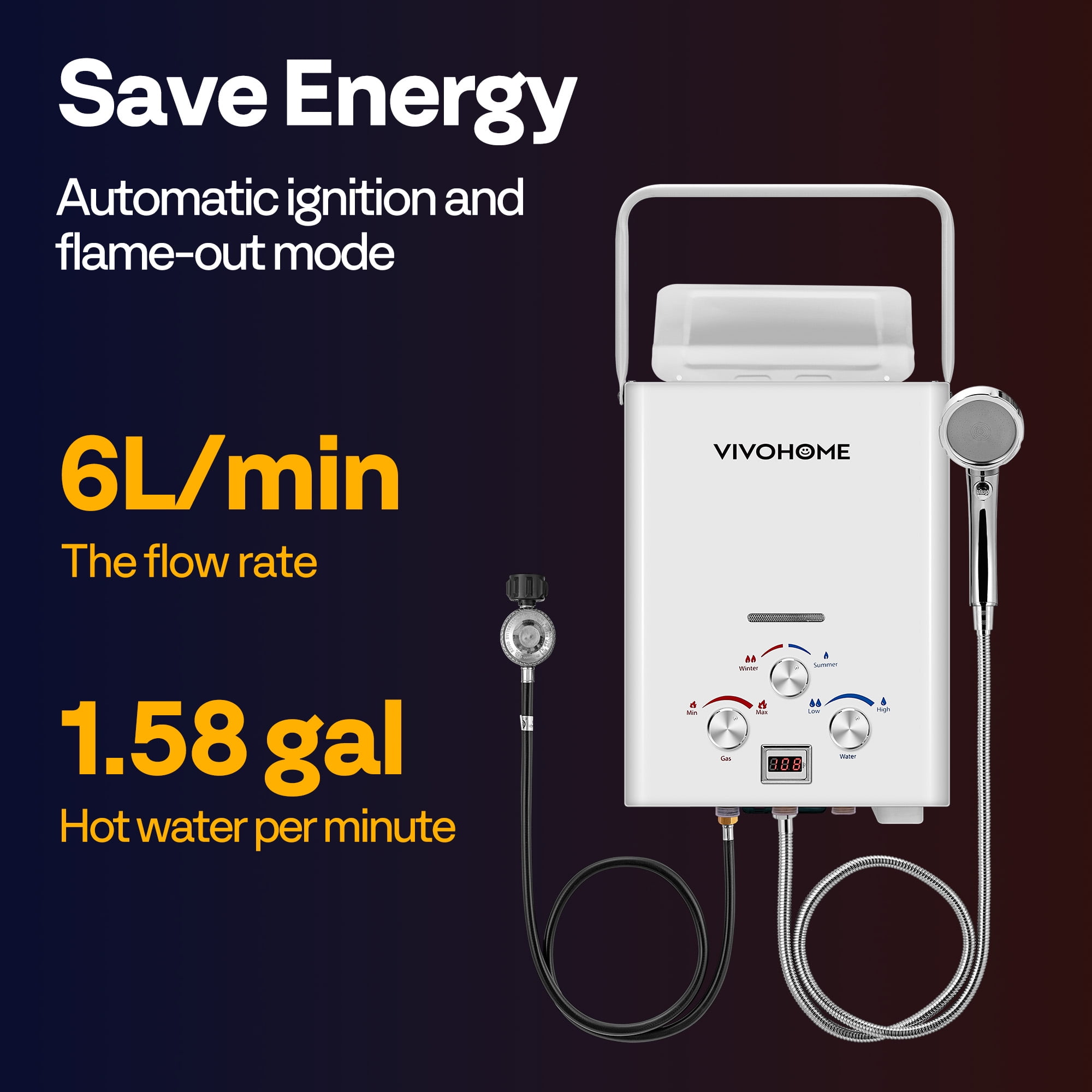 VIVOHOME Portable Propane Tankless Water Heater, 1.6GPM 6L Tankless Instant Hot Water Heater with Digital Display for Home RV Camping Use，White
