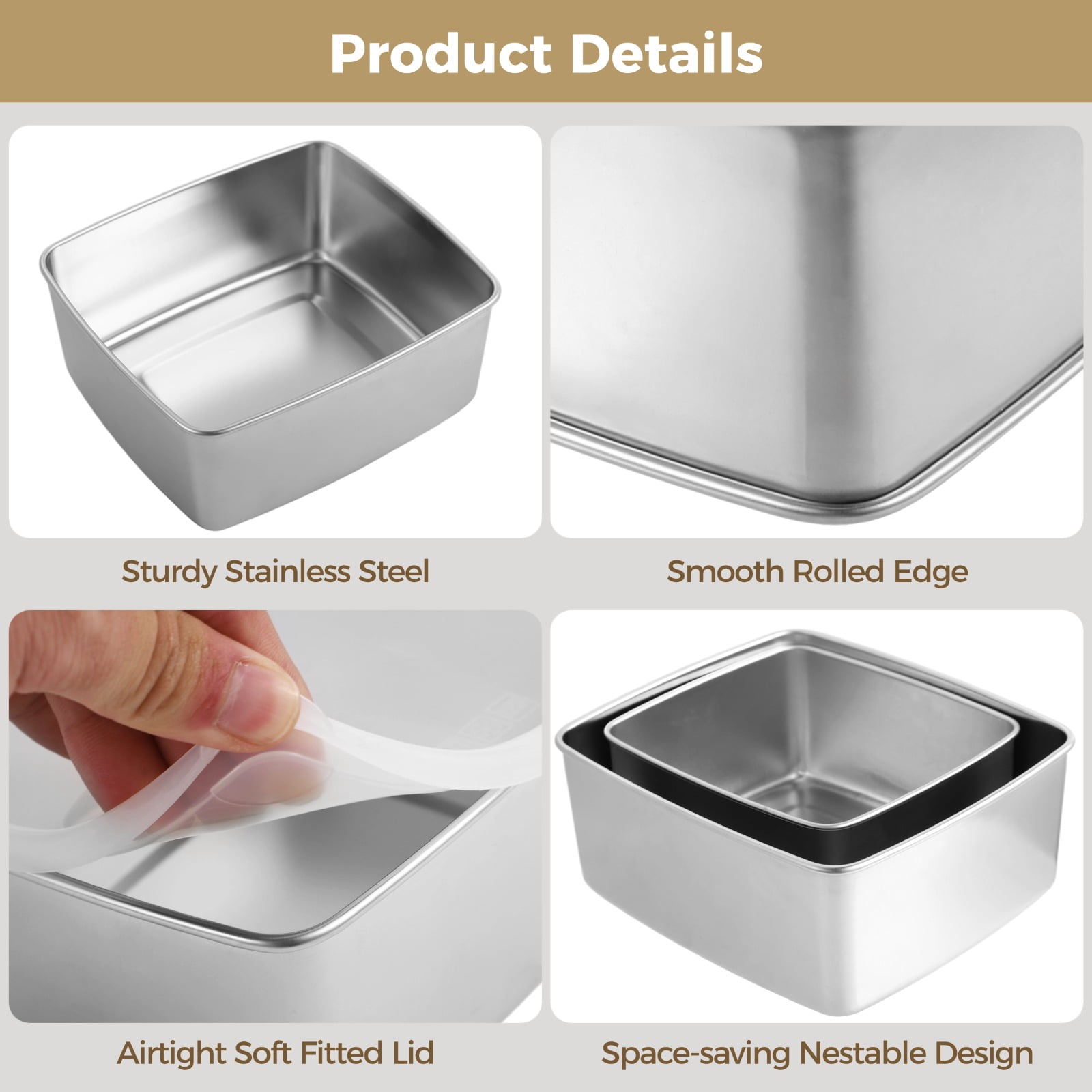 3 Pcs Stainless Steel Food Storage Containers, Square Bento Boxes with Airtight Lid, Snack Salad Boxes, Stackable & Nestable Meal Prep Containers for Freezer, 20.3 & 33.8, & 67.6 oz