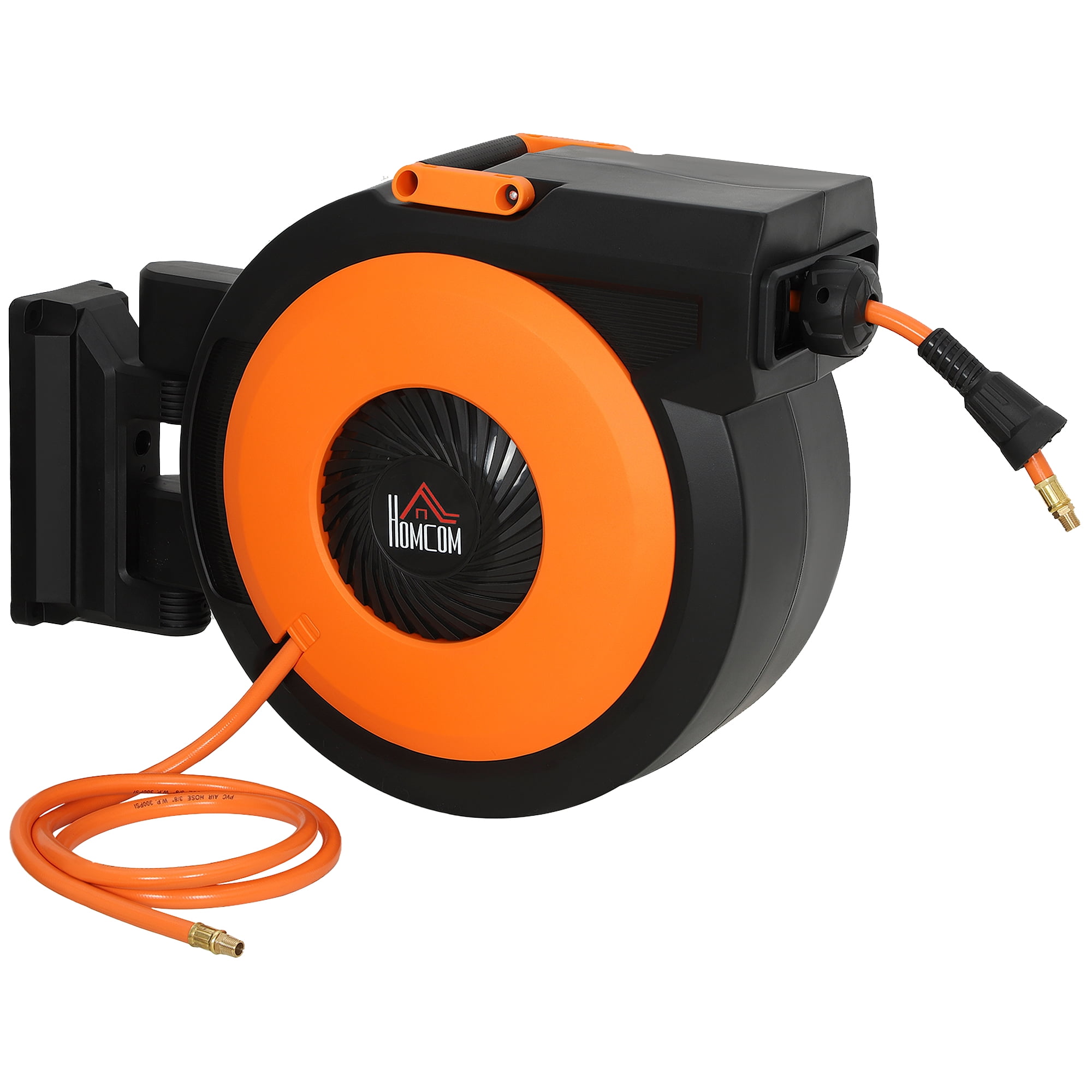 HOMCOM Retractable Air Hose Reel, Auto Rewind Air Compressor Hose Reel with Swivel Bracket, 3/8 in x 98 ft, 6.6 ft Lead in, 300 PSI, Black and Orange