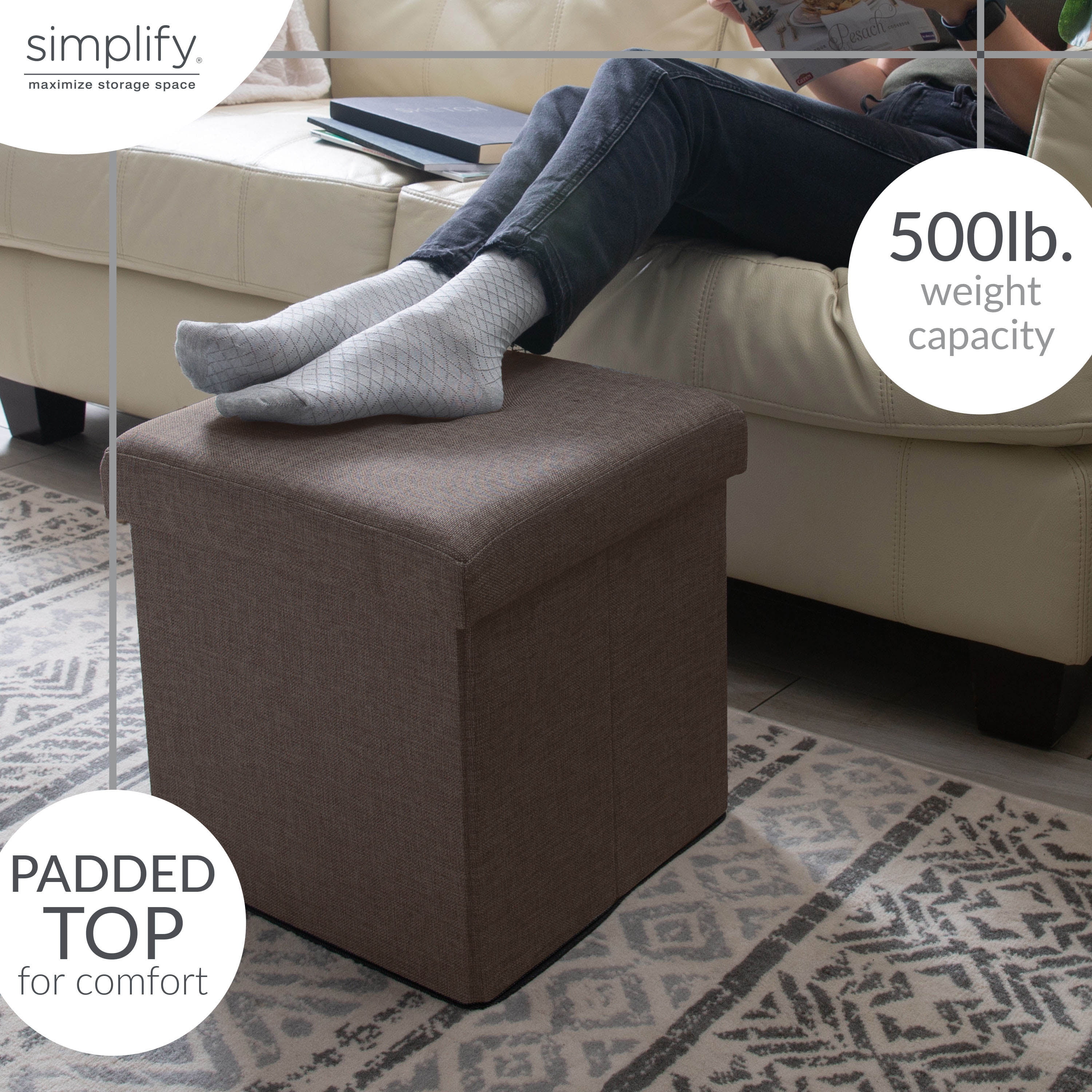 Simplify Faux Linen Folding Storage Ottoman Cube in Espresso