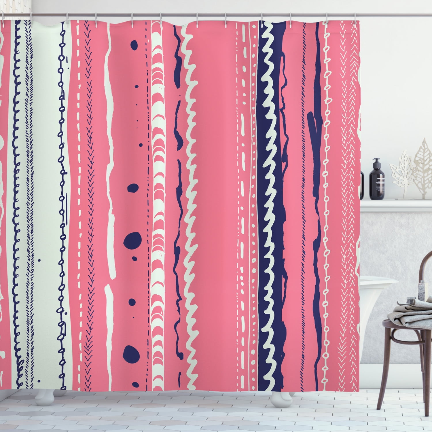 Coral Shower Curtain, Doodle Lines Artistic Repeating Ornaments