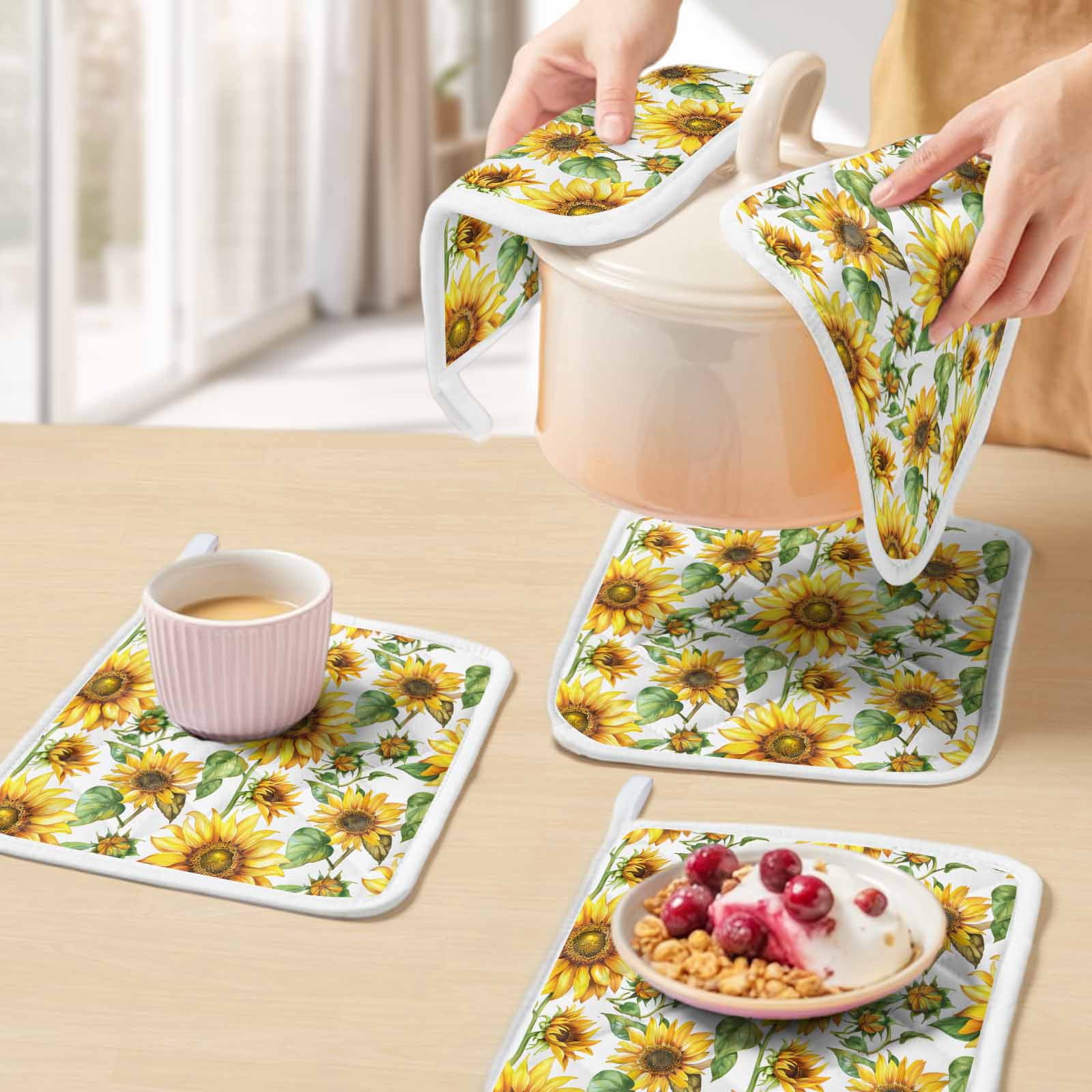 Sunflower Pot Holders for Kitchen Heatproof Potholder, 3 Pack Yellow Green Botanical Summer Rustic Hot Pads Multipurpose Oven Pads Cloth Potholders Trivet for Cooking Baking