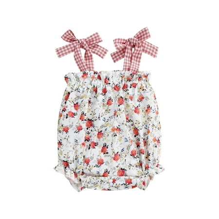 

CenturyX 0-24 Months Summer Newborn Girl Sleeveless Romper Floral Printed Plaid Pattern Shoulder Strap Bodysuit Casual Simple Playsuit Orange 18-24 Months