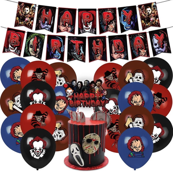 3-Piece Set Birthday Party Decorations Supplies | Horror Halloween Theme Party Banner Flag Seed of Chucky Balloons | Photography Scene Props