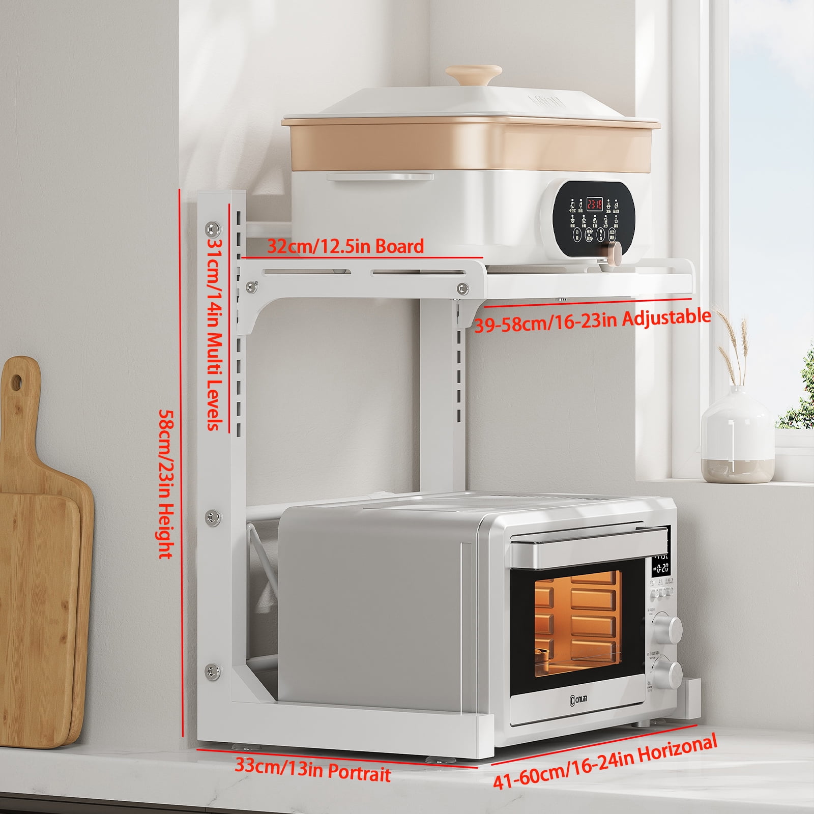 ABCOOL Retractable Adjustable 2 Axial Snap-in Kitchen Baker Microwave Oven Rack, Expandable and Height Adjustable Carbon Steel Shelf Counter Countertop with 3 Clip Hooks, Electric Oven Holder