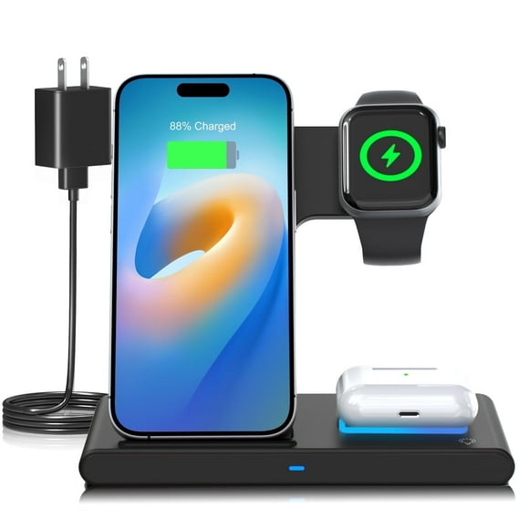 Wireless Charging Station, QC3.0 Magnetic Fast Charging, Wirelss Charger Compatible with iPhone 16 15 14 13 12 11 Pro Max XS XR, iWatch Series 9 8 7 6 5 4 3 2 SE, AirPods 3 2 Pro (Black)
