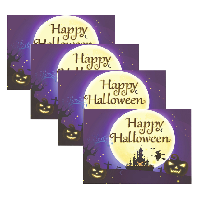 Happy Set of 4 Happy Halloween Placemats - 12x18 Inch Linen Dining Table Mats with Horror Graffiti, Dark Style Lighthouse, and Fairy Tale Castle Designs for Seasonal Kitchen and Dinner Party Decor