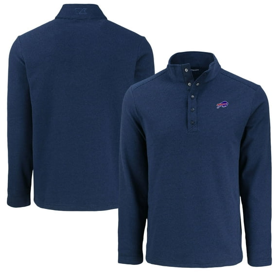 Men's Cutter & Buck Navy Buffalo Bills Hunts Point Eco Textured Fleece Recycled Half-Snap Sweatshirt