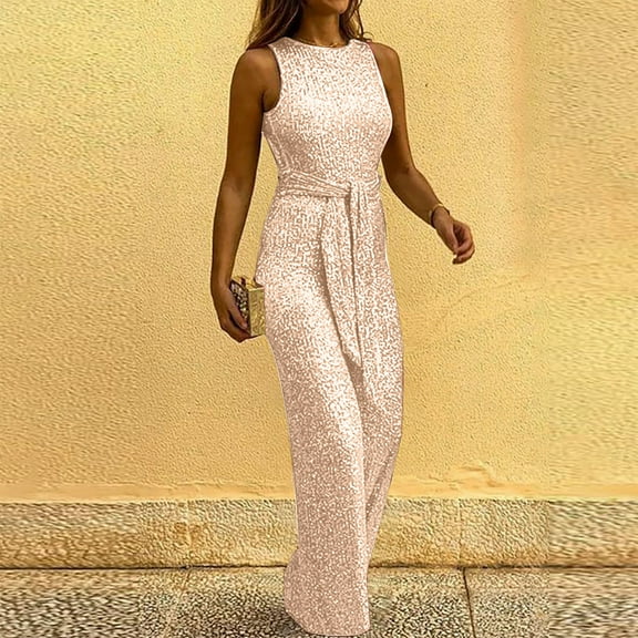 Dqueduo Jumpsuits for Women Fashion Bib Pants Overalls Baggy Rompers Women Zipper Bandage Sequins Solid Color Backless V-Neck Sleeveless Jumpsuit Overalls Women