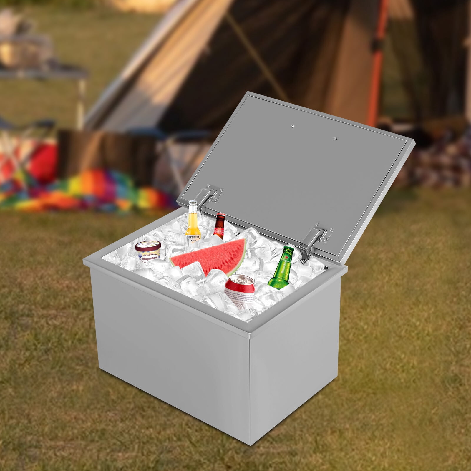 Drop in Ice Chest 20x14x13in Drop in Cooler Stainless Steel with Hinged Cover Bar Ice Bin