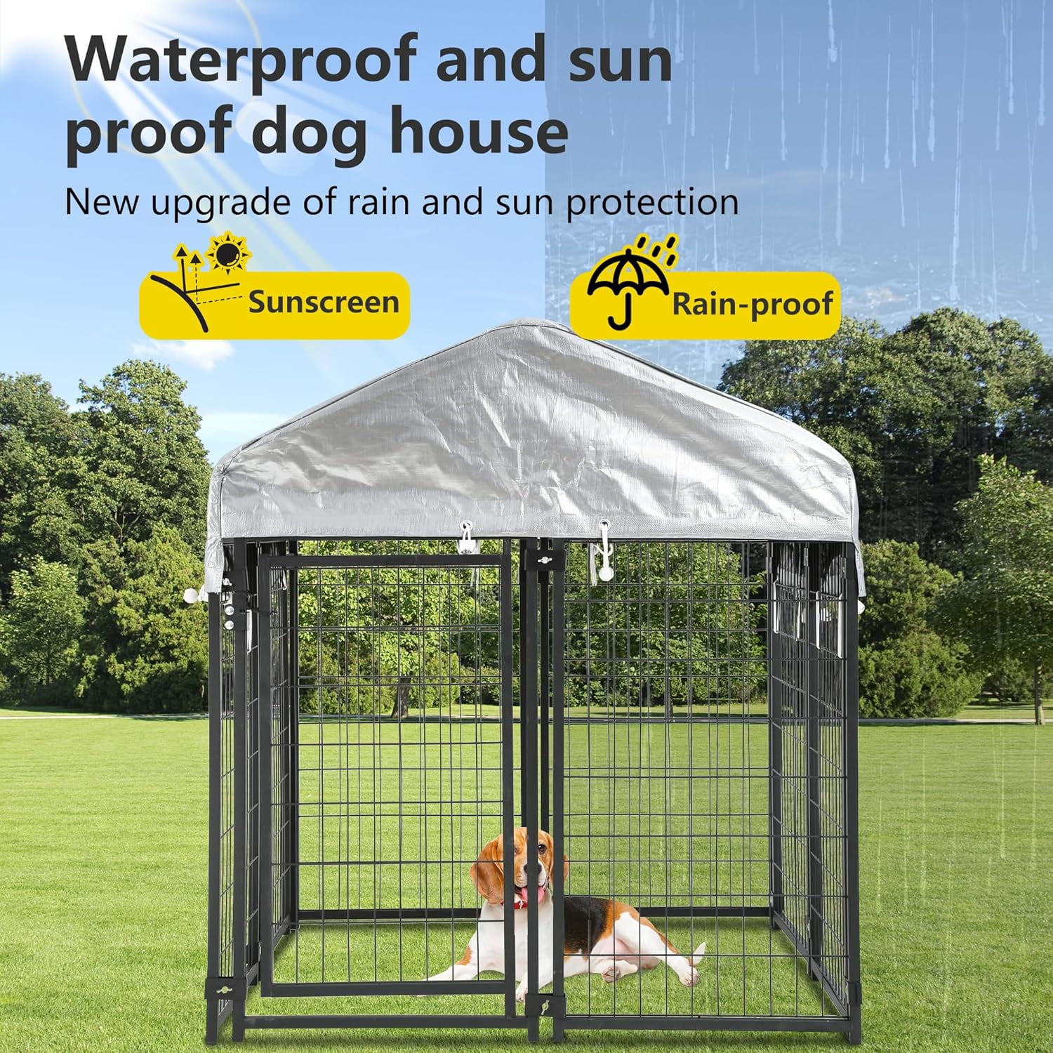 CL.HPAHKL Outdoor Dog Kennel 4×4×4.4 FT Heavy Duty Playpen Dog Crate Cage with UV-Resistant Waterproof Roof Cover, Dog Run Enclosure with Secure Lock Pet Kennel Fence