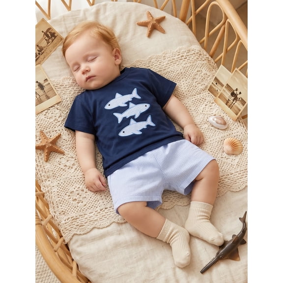 Toddler Baby Boy Summer Outfits Shark Applique Short Sleeve T-shirts and Striped Shorts 2 Piece Casual Set