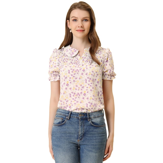 INSPIRE CHIC Blusa De Manga Corta Con Volantes Y Cuello Peter Pan Floral Para Mujer Rosa S
