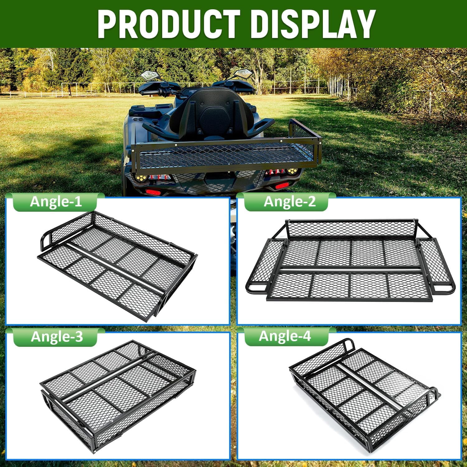 KOJEM 42" Rear Cargo Basket Universal ATV UTV Black Steel Storage Rack Rear Goods Mesh Rack