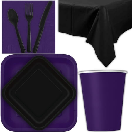 Disposable Party Supplies for 28 Guests - Deep Purple and Midnight Black - Square Dinner Plates, Square Dessert Plates, Cups, Lunch Napkins, Cutlery, and Tablecloths:  Tableware