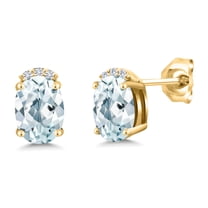 Gem Stone King 18K Yellow Gold Plated Silver Sky Blue Aquamarine and White Lab Grown Diamond Stud Earrings for Women (1.56 Cttw, Gemstone March Birthstone, Oval 7X5MM)