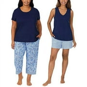 Carole Hochman Ladies' 4-Piece Cotton Pajama Set Short Sleeve Top, Tank Top, Short, and Capri Pant with Pocket, Solid and Floral Sleepwear for Women (XXL, Navy Blue)