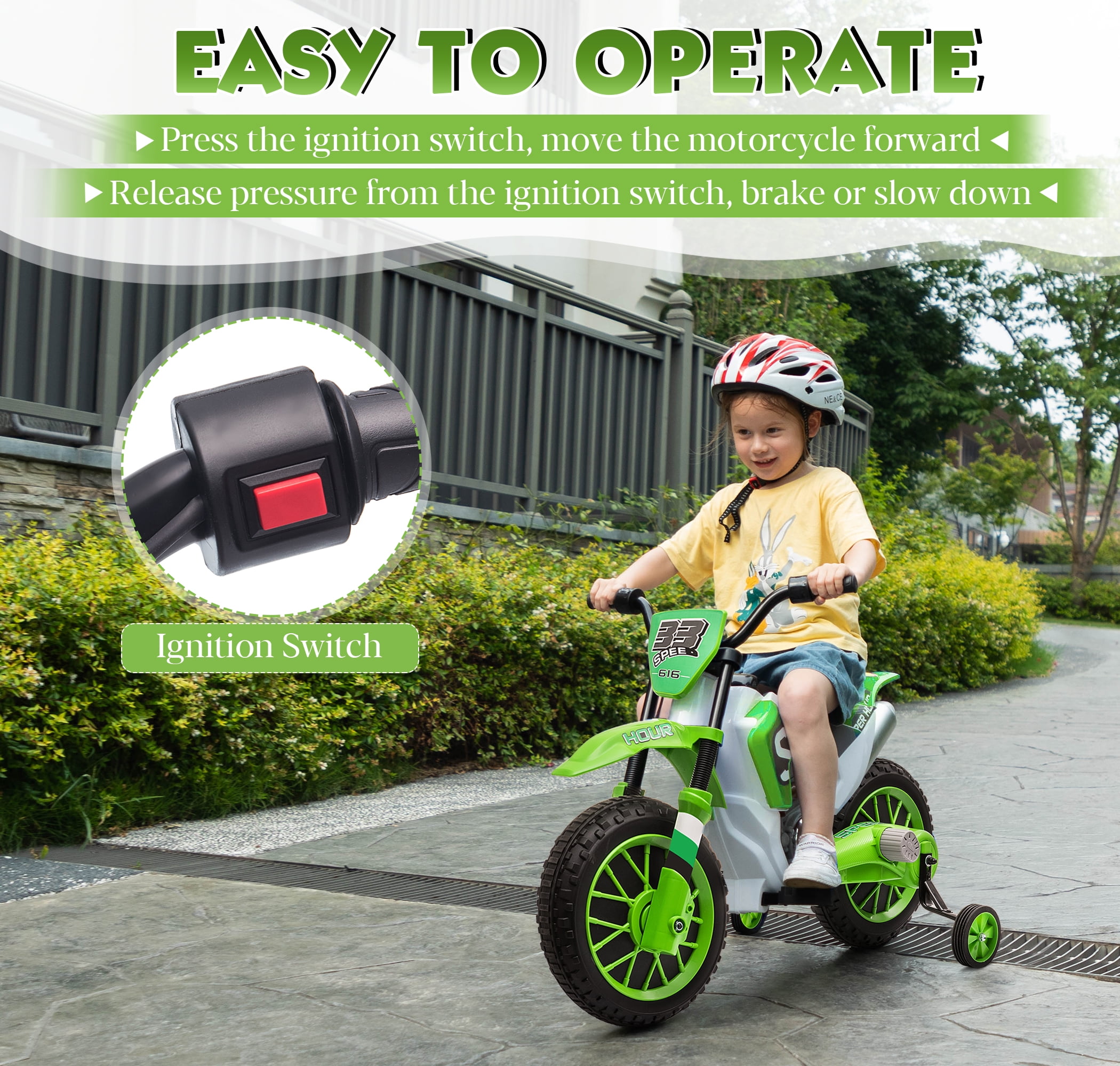 TOBBI 12V Electric Motorcycle for Kids Dirt Bike Ride on Toy Battery Powered Off-Road Motorbike w/ 2 Speeds, 35W Dual Motors, Training Wheels, Green