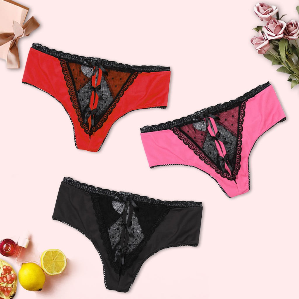 3PC Women Lace Sexy Bowknot Briefs GString Th