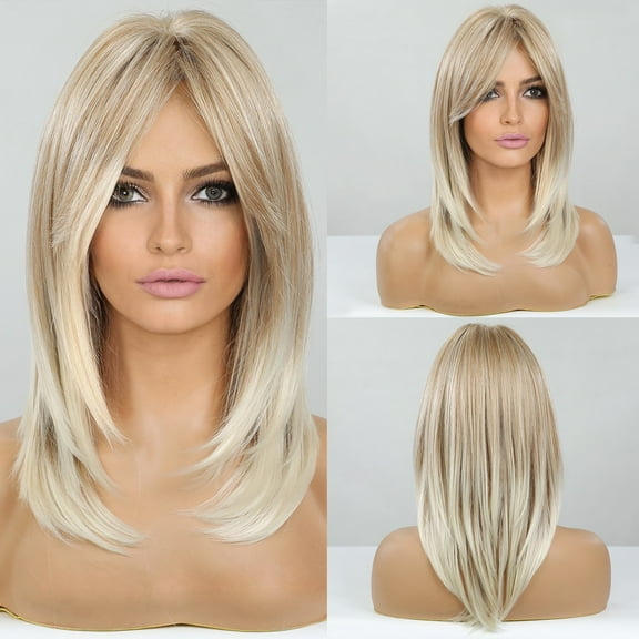 Synthetic Wigs - Long Natural Wavy Wig, Sandy Blonde Highlights, Golden Layered Hair with Side Bangs for Women - Heat Resistant Fiber
