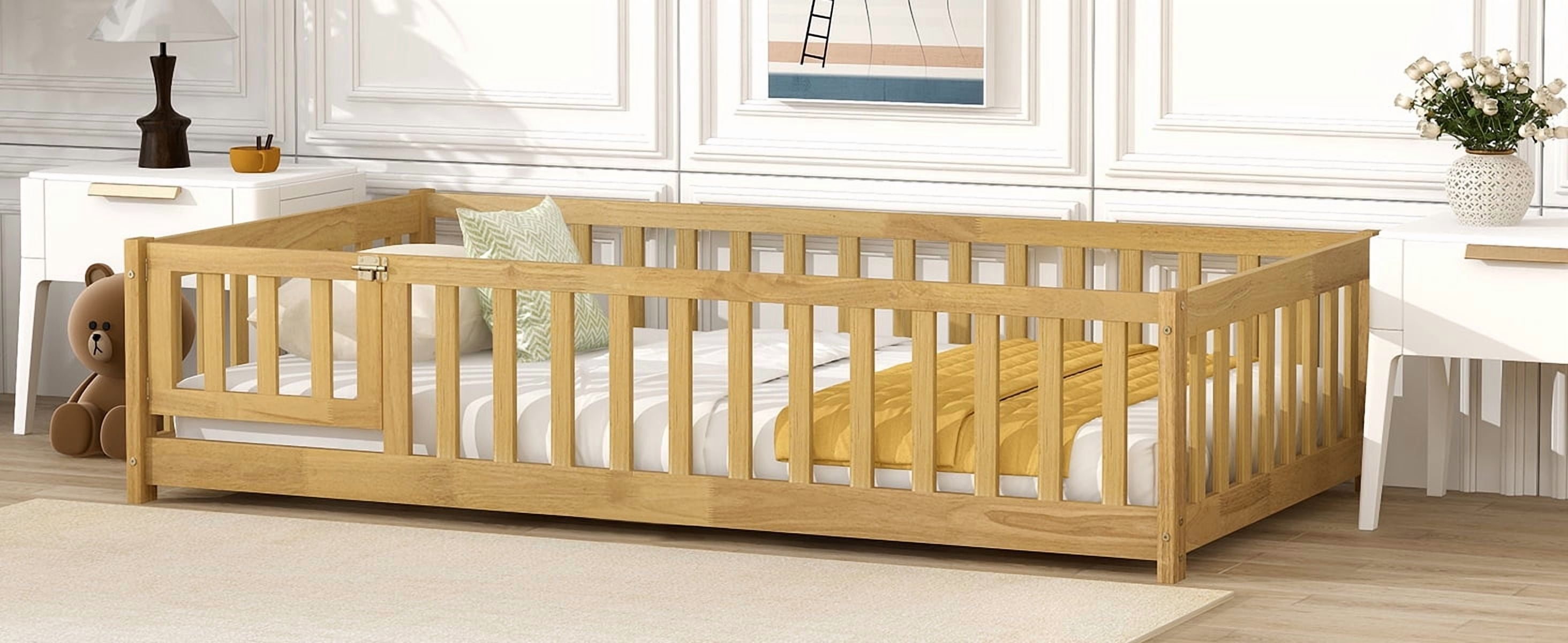 Twin Size Rubber Wood Floor Bed with Fence & Door, Montessori Floor Bed with Safety Guardrails, Natural Finish, No Box Spring Needed