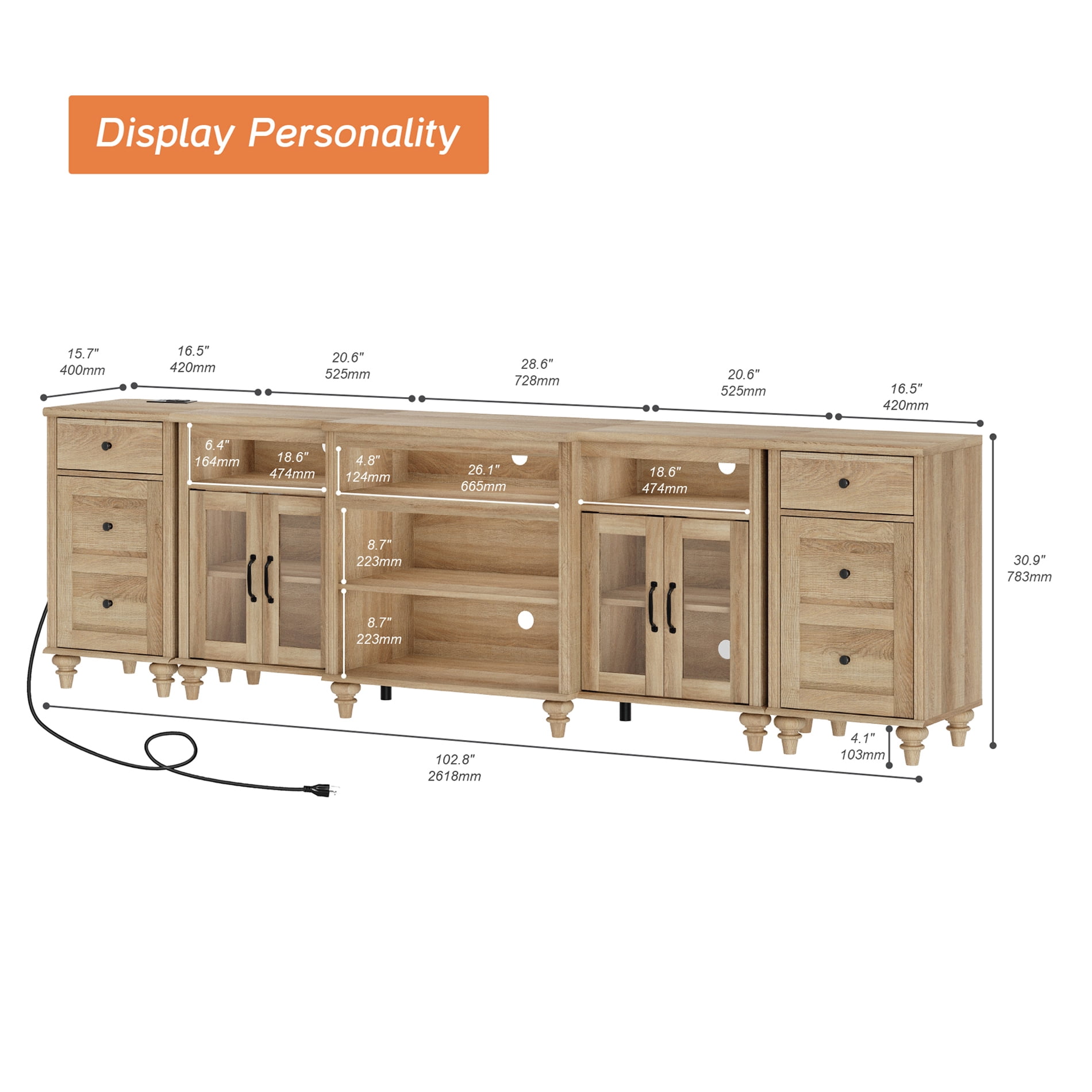 Farmhouse Large TV Stand for TVs Up to 100 inch with Charging Station, 4 Glass Doors and Wood Universal TV Console with Storage Cabinets, Entertainment Center Table for Living Room, Bedroom, Oak