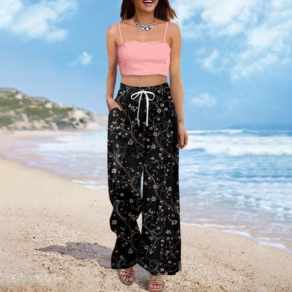 PEXLYCLU Boho Pants, Lounge Pants Women, Womens Lounge Pants, Dress Pants Women Petite High Waisted Wide Leg Summer Beach Vacation Pants Boho Lounge Casual Palazzo Trousers, Black L