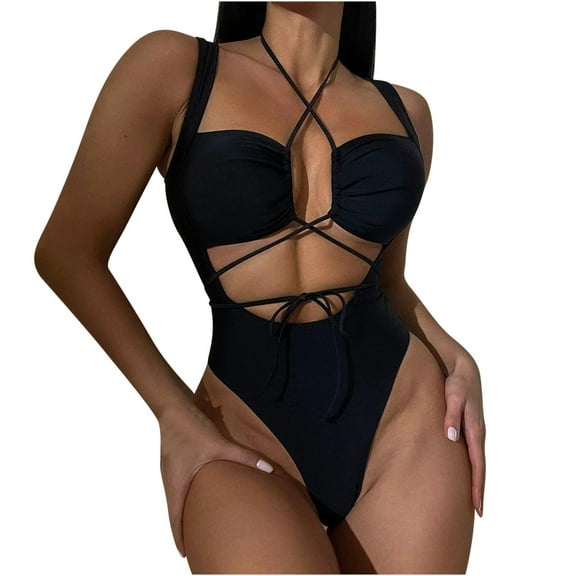 REORIAFEE Women's Swimming Beach Bathing Loose Summer Bikini Beach Pool Swimwear Beach Vacation Bikini One Piece Swimsuit Lace up Hollow Out Backless Lace up Bikini Black L