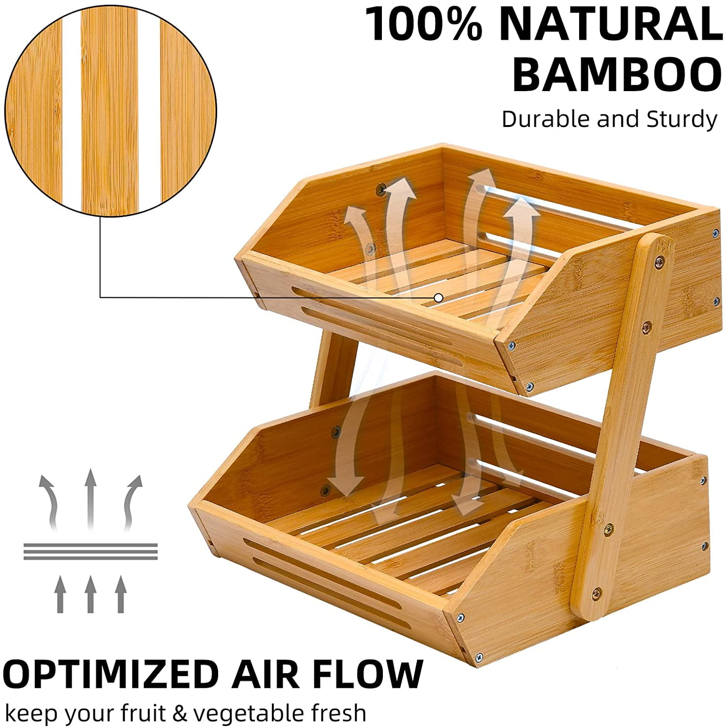 UPTRUST Fruit Basket, 2 Tier Bamboo Fruit Bowl for Kitchen Counter, 11" Tall Produce Storage Stand for Vegetables and Snack, 15 mm Thickness (Self-Assembly)