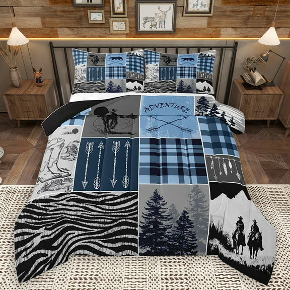 Homewish Western Cowboy Print Full Size Comforter Sets for Men, Grey Blue Buffalo Patchwork Bedding Comforter Set, Rustic Farmhouse Reversible Bedding Sets, Microfiber Bedroom Decor, 3pcs