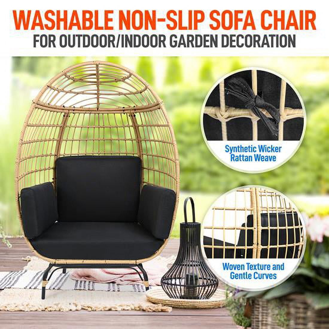 SereneLife Indoor Outdoor Black Wicker Rattan Egg Chair for Patio Backyard With 4 Cushions