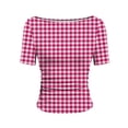 thumbnail image 7 of Womens Tops Boat Neck Short Sleeve T-Shirts Plaid Printed Side Pleated Summer Tees Gifts for Mother, 7 of 7