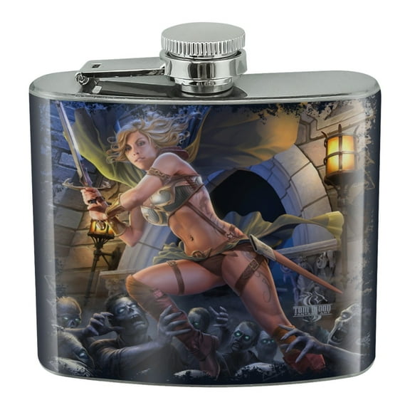 Warrior Maiden Zombie Undead Slayer Fantasy Stainless Steel 5oz Hip Drink Kidney Flask