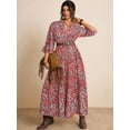 thumbnail image 6 of Coral Orange Paisley Print V-Neck Long Sleeve Maxi Dress With Belted Waist And Relaxed Fit For Women, 6 of 7