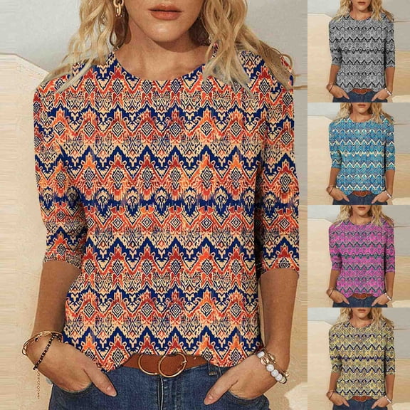 CYMMPU Tunic Tops 3/4 Sleeve Spring Tops Summer Trendy Shirts Loose Fit Round Neck Blouses for Women Dressy Casual Flower Pattern Lightweight Basic Tees Gray L