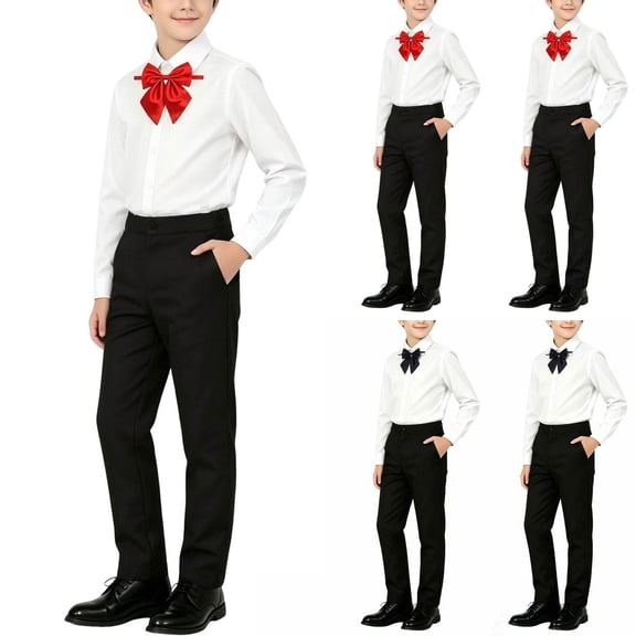 ITSAME Boys Formal Outfits 2-Piece Button Down Shirt and Dress Pants with Bow Tie Party Performance Set Black Size 16
